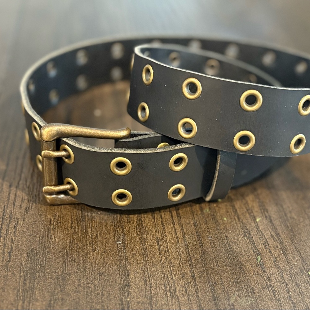 Solid Leather Matte Black Double Hole Belt Antique Brass Eyelets